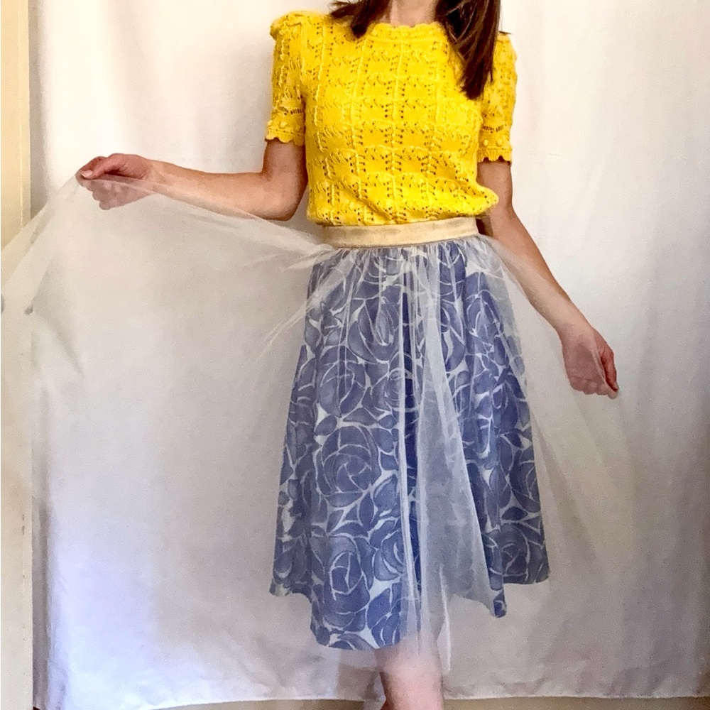 Alexandra Grecco Tulle Overlay Blue Floral A-Line Skirt with Gold Silk Waistband